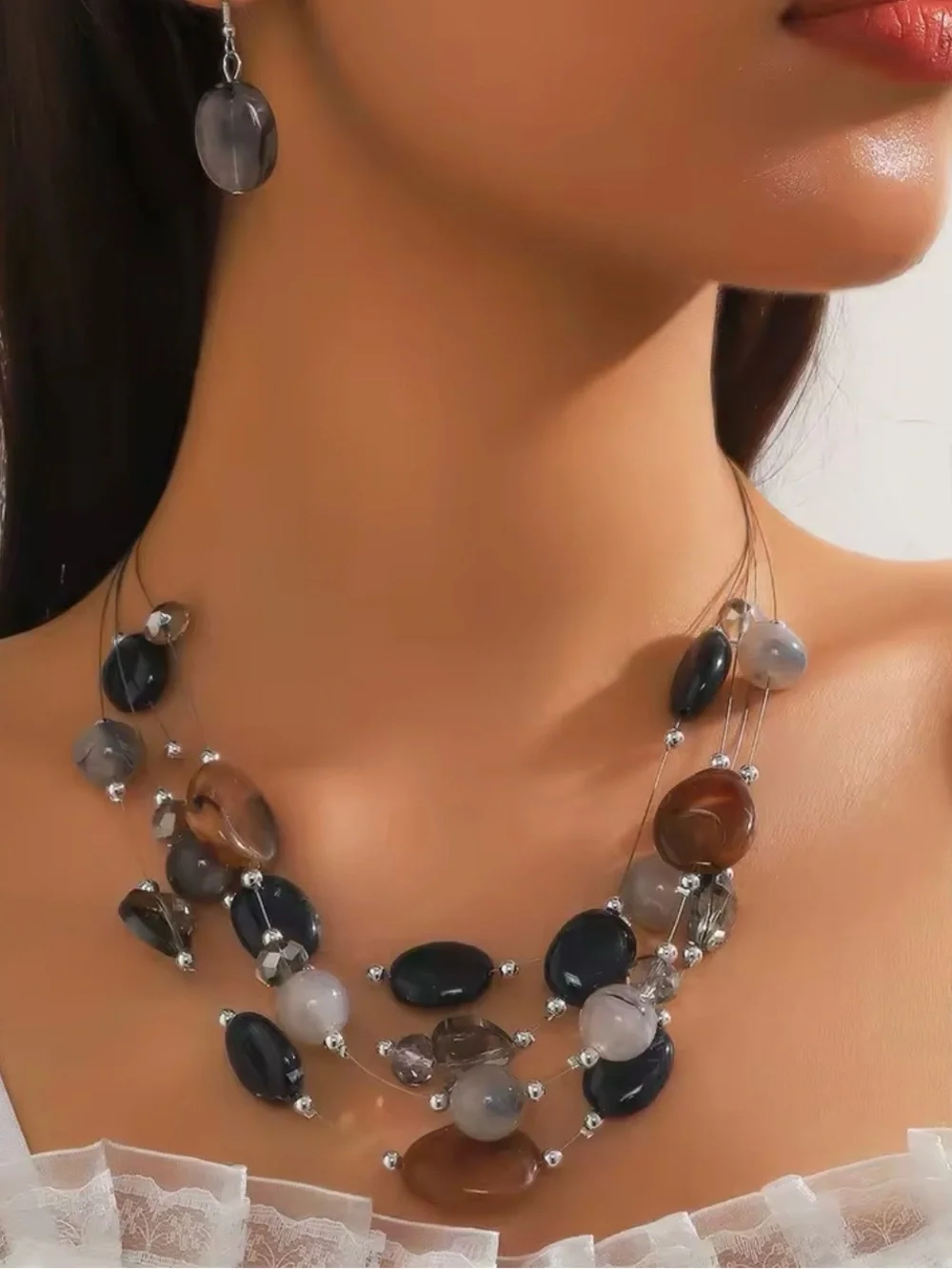 Multi-Strand Blue, Cream & Tan Bead Necklace Set with Matching Earrings
